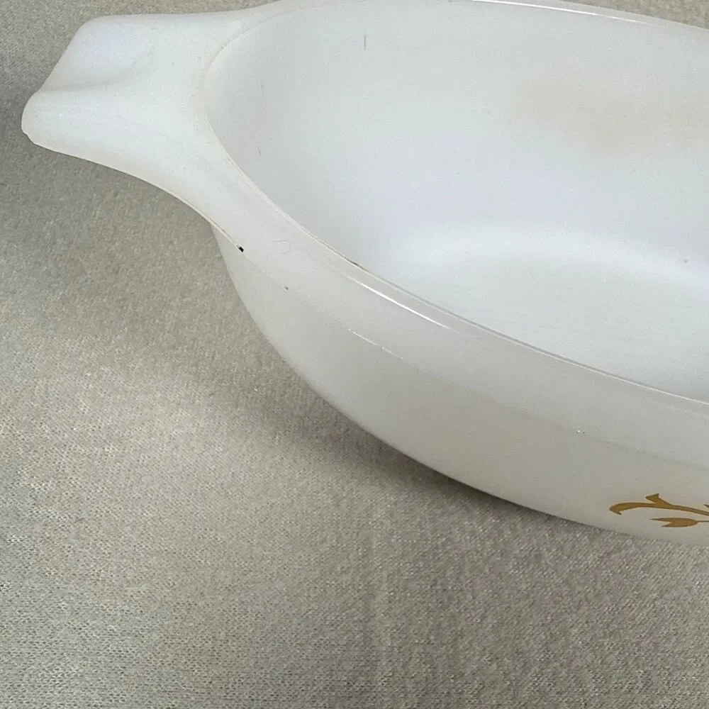 Vintage Glasbake J2274 1QT Casserole Dish Gold White Milk Glass Oval Small Nicks